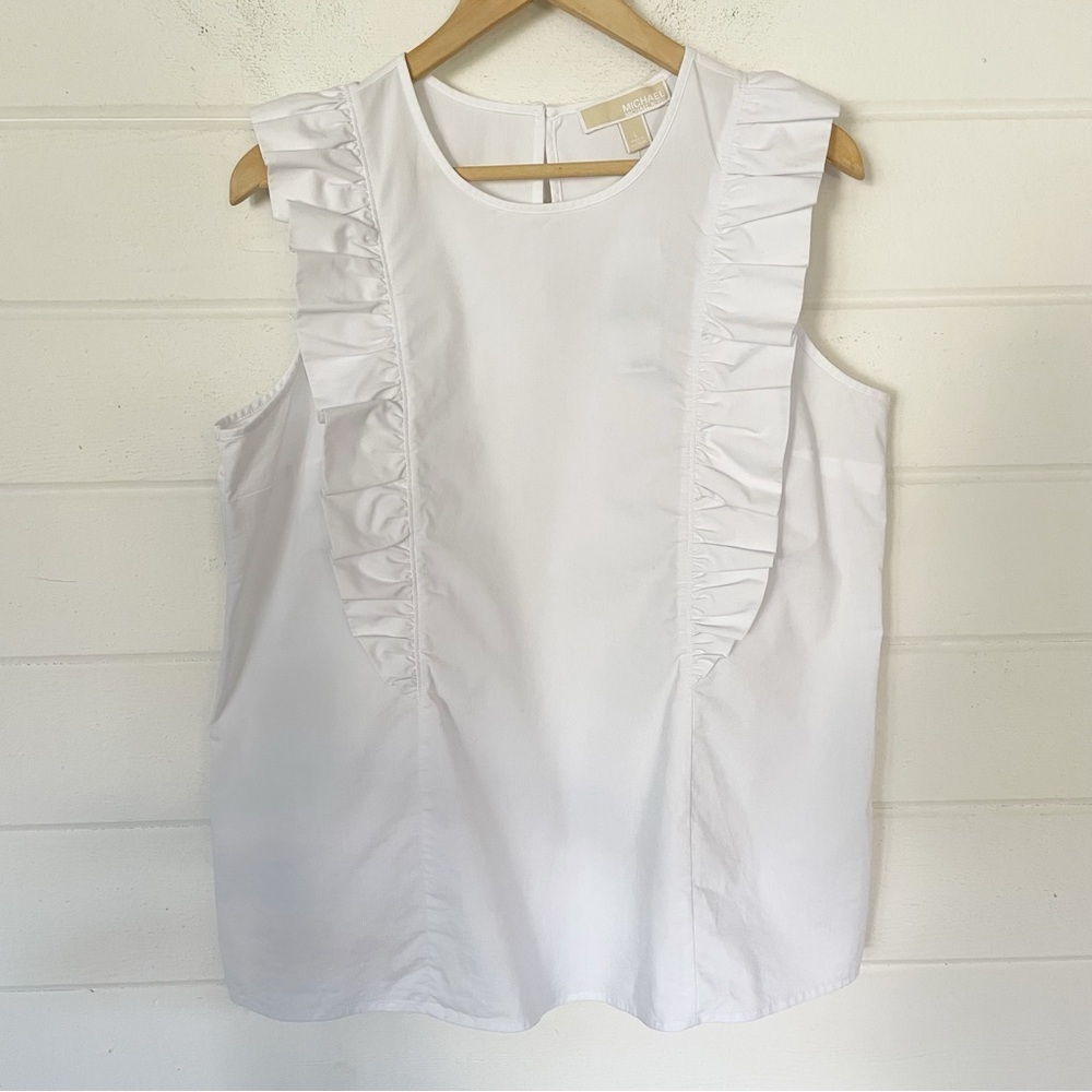 NWT Michael Kors Women’s Sleeveless Ruffle Poplin White Top Blouse Size Large - Picture 1 of 9